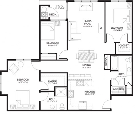 Floor plan for 3 beds, 2 baths, 1434 sqft